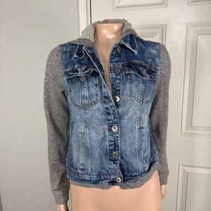 Vintage Y2K L.E.I. Women's Denim Jacket Jean Medium Hooded Knit Sleeves Y4-15